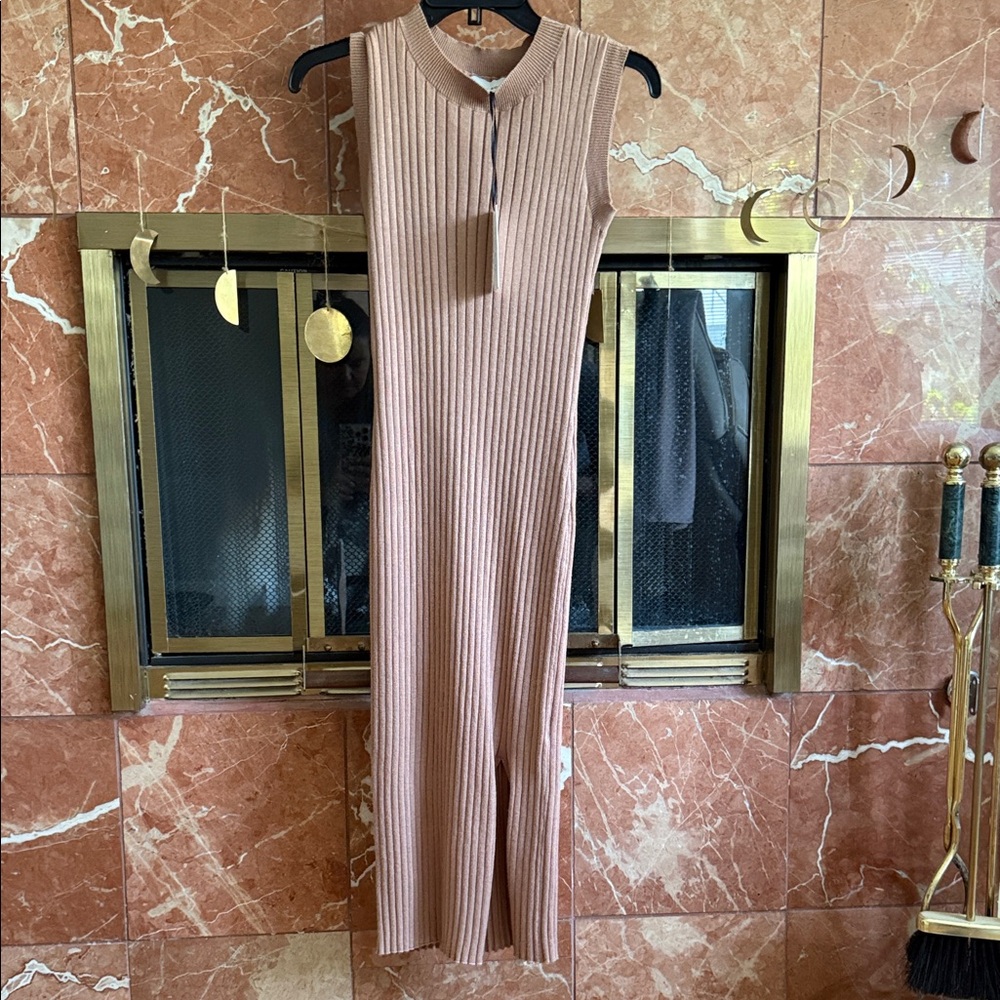 Pink Rose Sleeveless Ribbed Knit Dress Tan Size Medium Mocha
